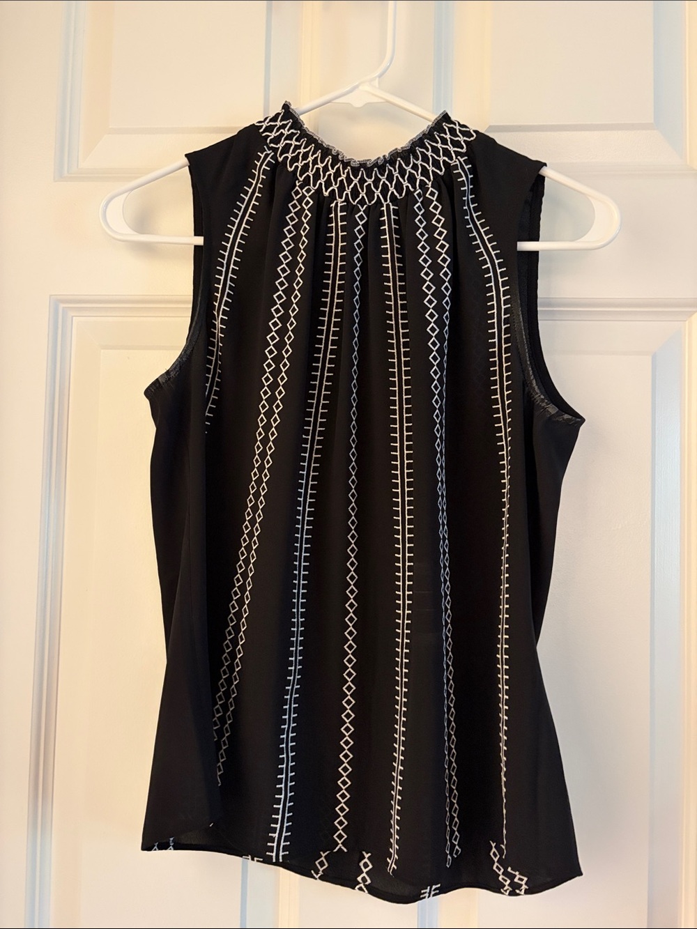 White House Black Market Black Sleeveless Smocked-Neck Top with White Stitching